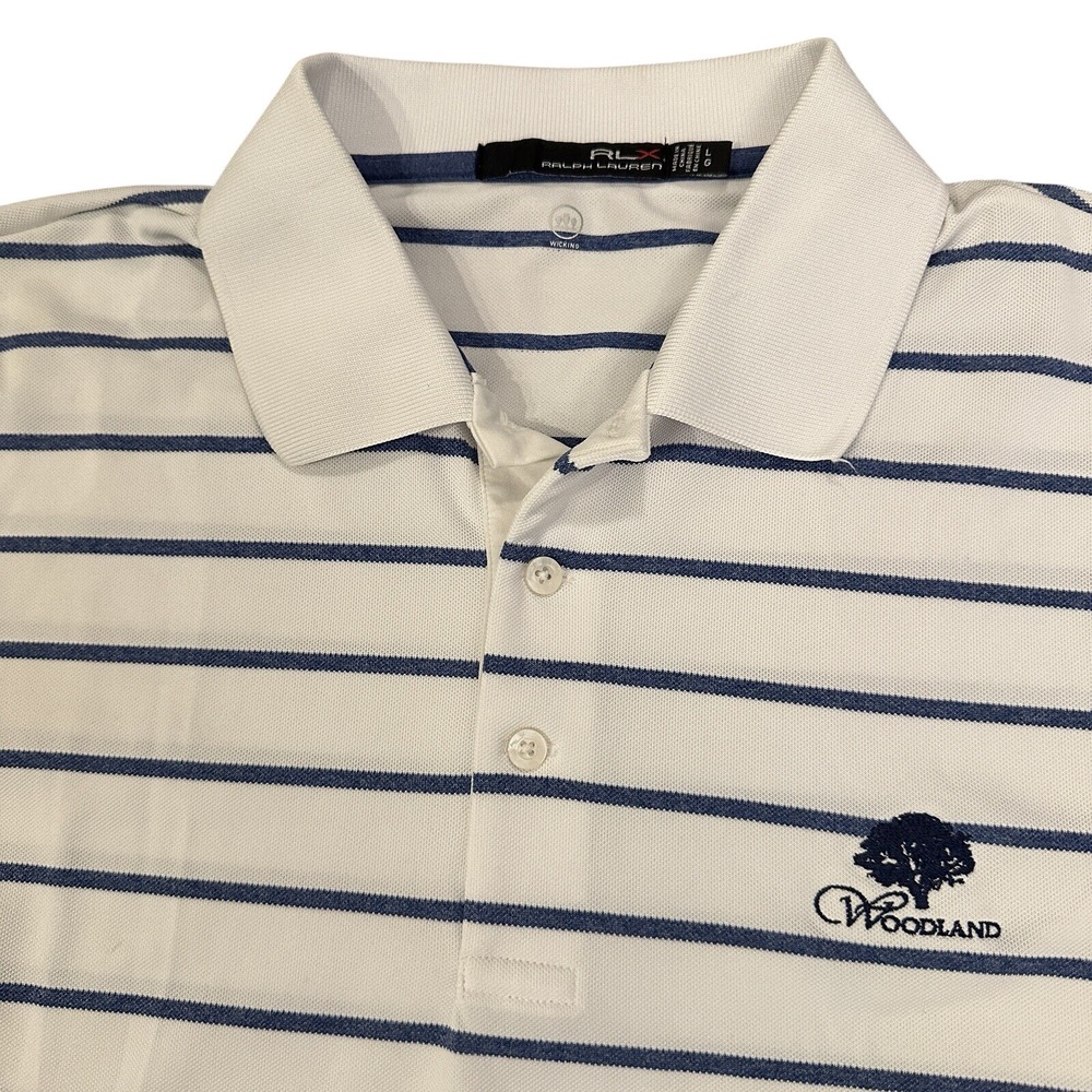 RLX Ralph Lauren Polo Shirt Mens Large White Blue Striped Woodland Golf Wicking